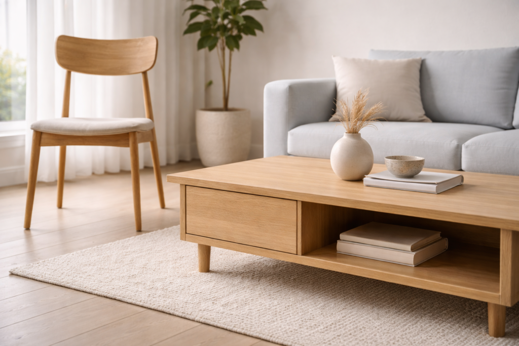 Modern living room with-wooden furniture