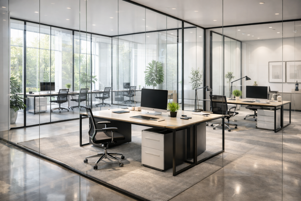 Material kaca dan logam pada interior kantor modern